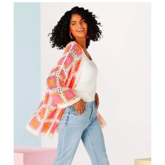 Versona Lakeline Crochet Granny Square Cardigan One Size Orange Pink Boho - Picture 1 of 10